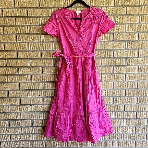 J. Crew Factory Cotton tie midi tiered bright pink dress size 00 - Picture 1 of 9